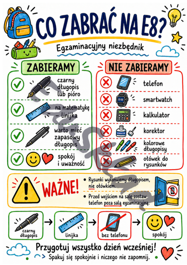 Egzamin ósmoklasisty 2026 – sketchnotki na gazetkę ścienną | 8 kolorowych plansz PNG