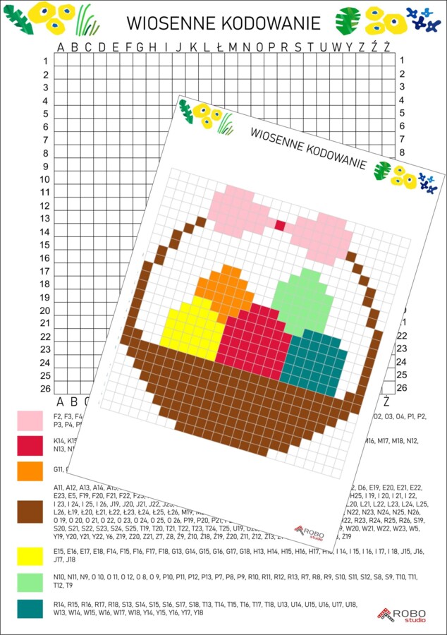 Wiosna, Święta, wielkanoc ... kodowanie! Pisanki w koszyczku- karta pracy, kodowanka wiosenna