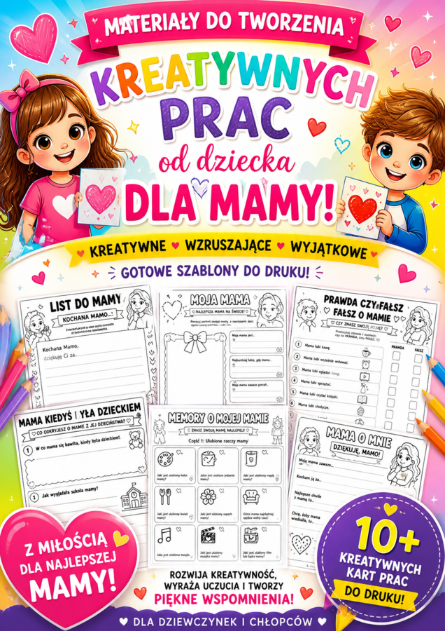„Kreatywne Prace dla Mamy – Zestaw Kart do Druku | Prezent od Dziecka na Dzień Mamy”