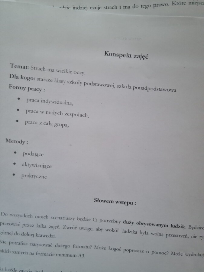 Konspekt zajęć. Strach. Bezpłatny materiał.