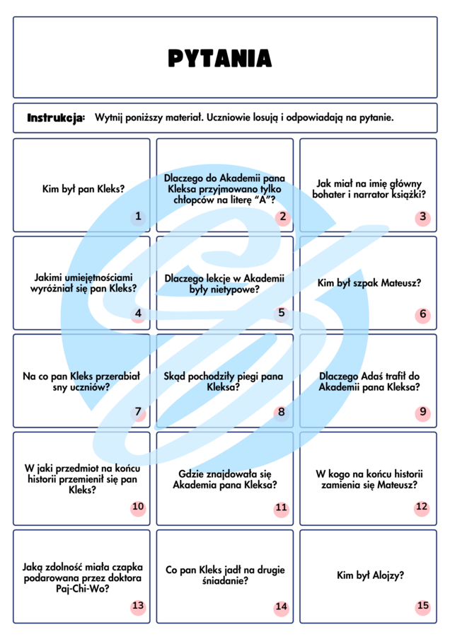 Akademia Pana Kleksa – Pytania i Odpowiedzi – inspirujące karty pracy dla uczniów szkoły podstawowej