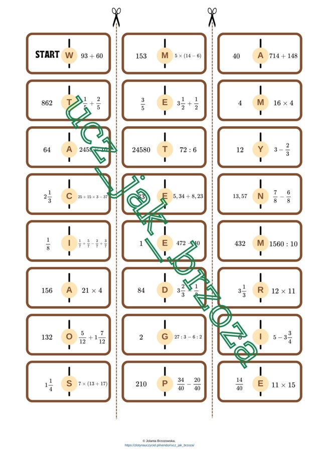 Domino arytmetyczne z hasłem. Pierwsza lekcja matematyki w klasie 5.