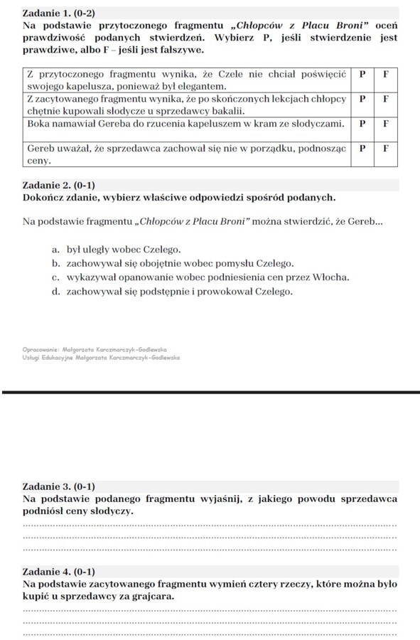 Arkusze egzaminacyjne lektury IV-VIII