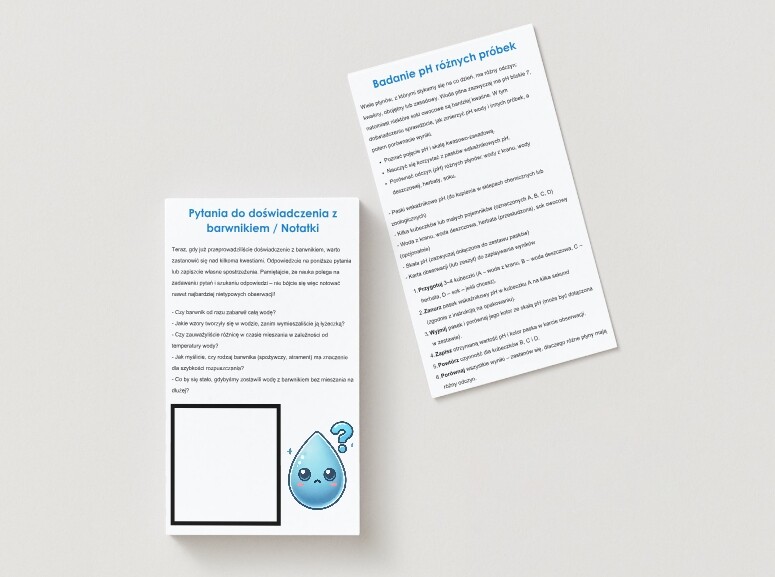 Zestaw do doświadczeń z wodą. Instrukcje. Karty obserwacji. Czy woda z kranu ma zapach? Odczyn próbek.