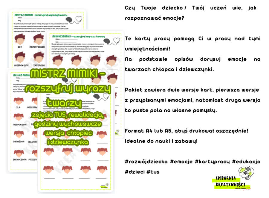 MISTRZ MIMIKI - rozszyfruj wyrazy twarzy (wersja chłopiec i dziewczynka) zajęcia TUS, rewalidacja, godziny wychowawcze
