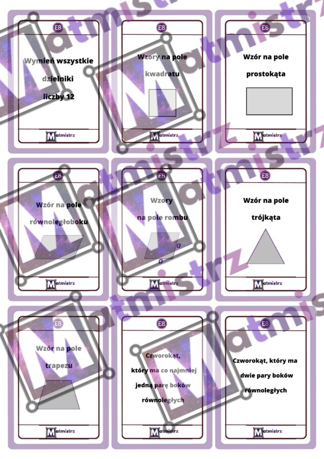 108 dwustronnych KART MATEMATYCZNYCH powtórzenie przed E8