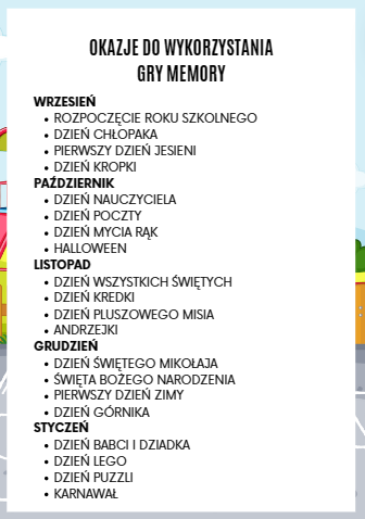 MEMORY NA CAŁY ROK SZKOLNY Mikołajki, Walentynki, Wielkanoc, Dzień Dziecka i wiele innych! 40 okazji!