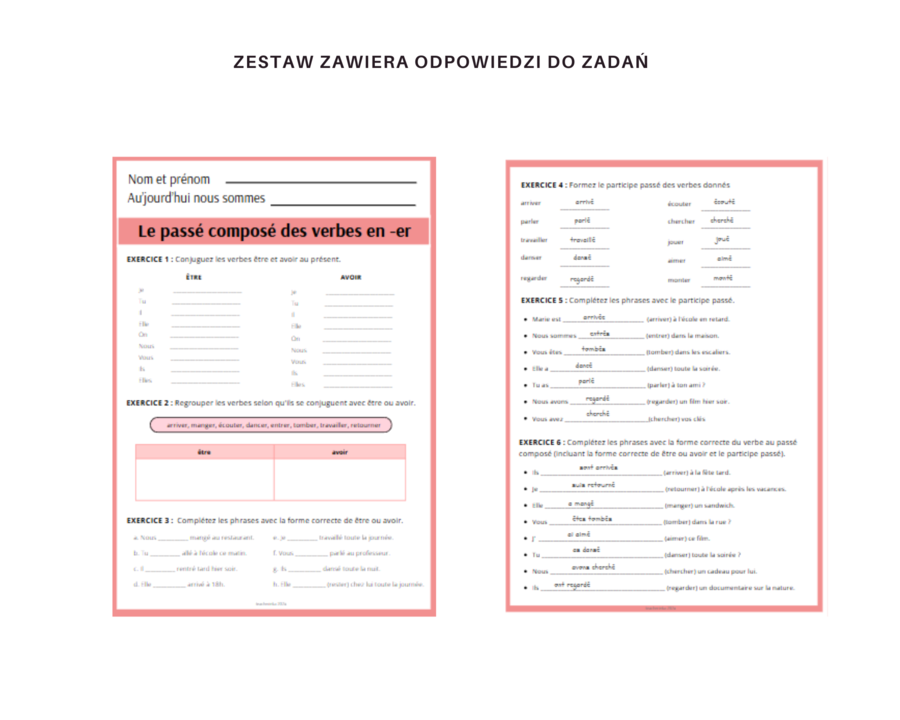 Passé Composé - karty pracy z czasownikami zakończonymi na -er - gramatyka, poziom podstawowy, język francuski