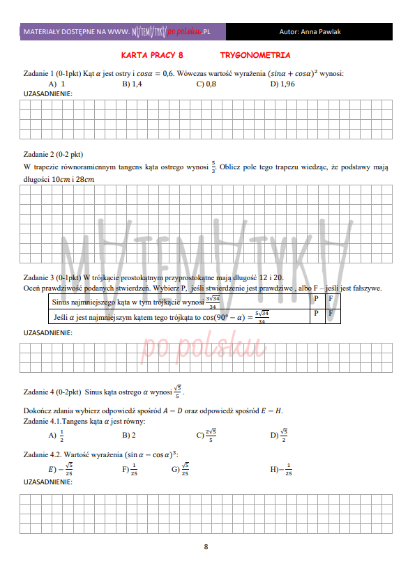 Karta pracy- FUNKCJE TRYGONOMETRYCZNE-