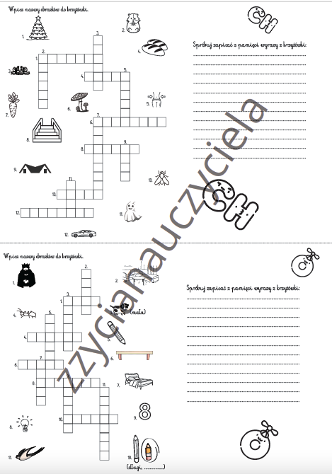 Ortografia: krzyżówki, wykreślanki, labirynty.