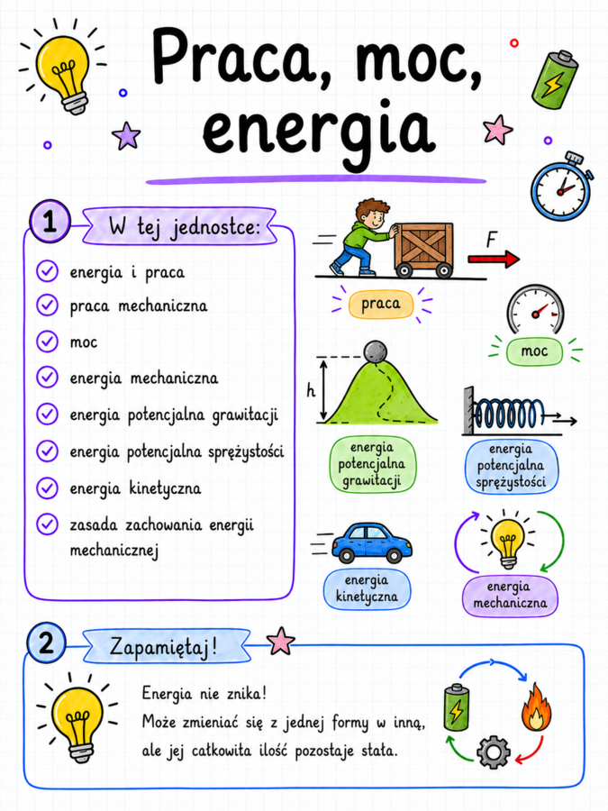 Notatki, które uczą – Fizyka cz. 6 | klasa 7 | Praca, moc, energia | Zestaw notatek graficznych