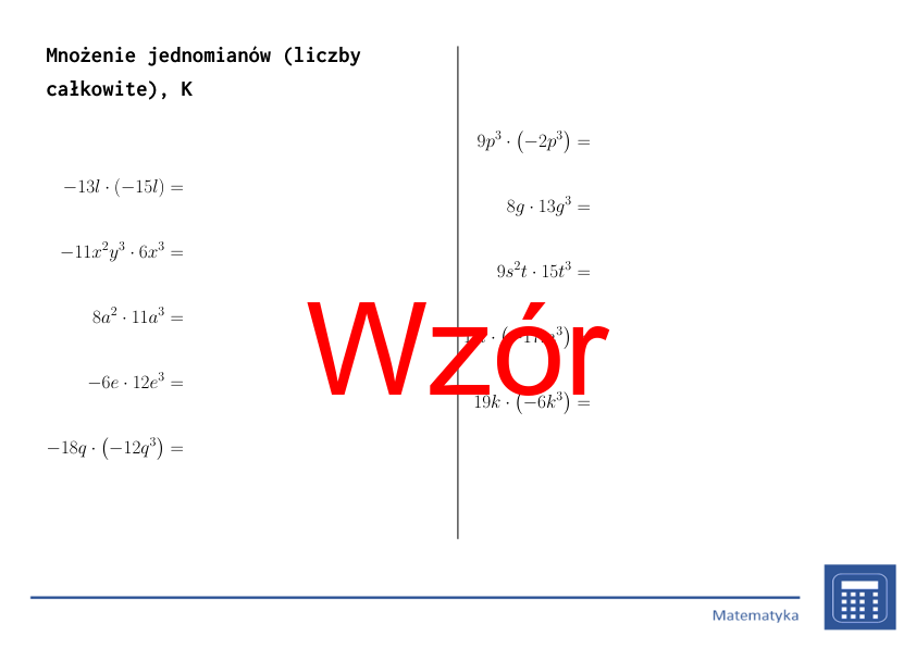 Mnożenie jednomianów (liczby całkowite) | matematyka, algebra | 26 kolumn