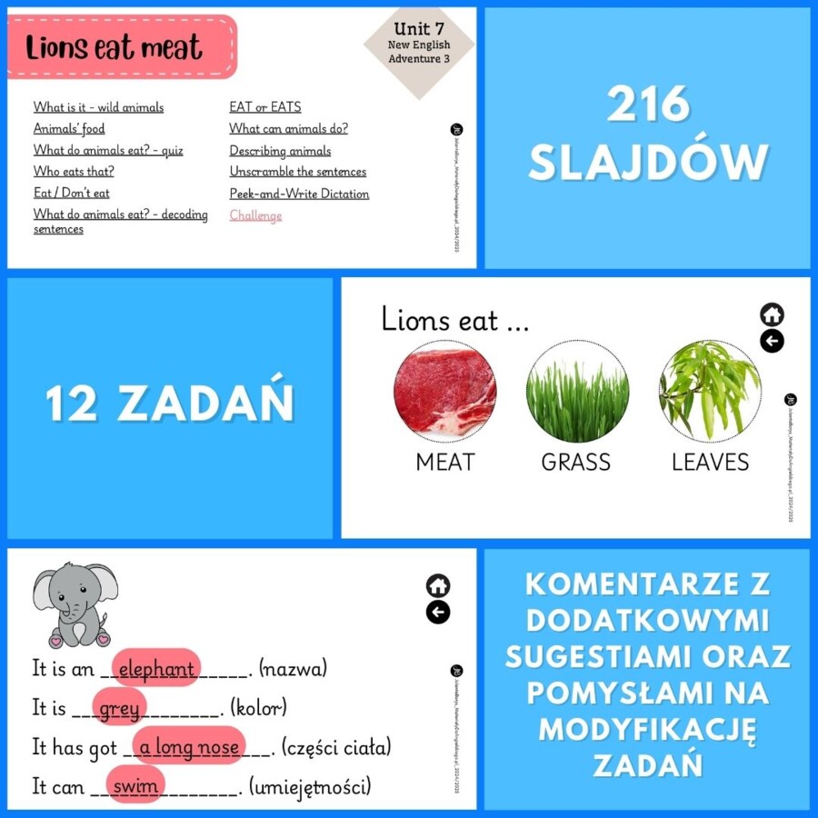 Prezentacja New English Adventure 3 – Unit 7 Lions eat meat
