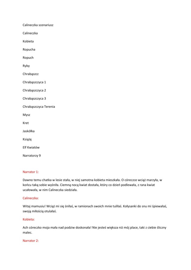 Scenariusz przedstawienia Calineczka - przedszkole