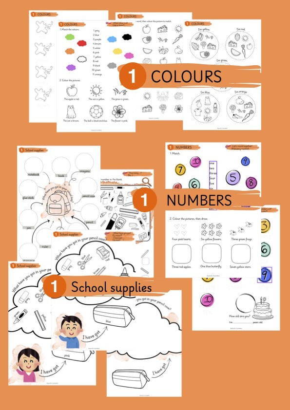 BACK TO SCHOOL - School supplies, colours and 1-10 numbers.