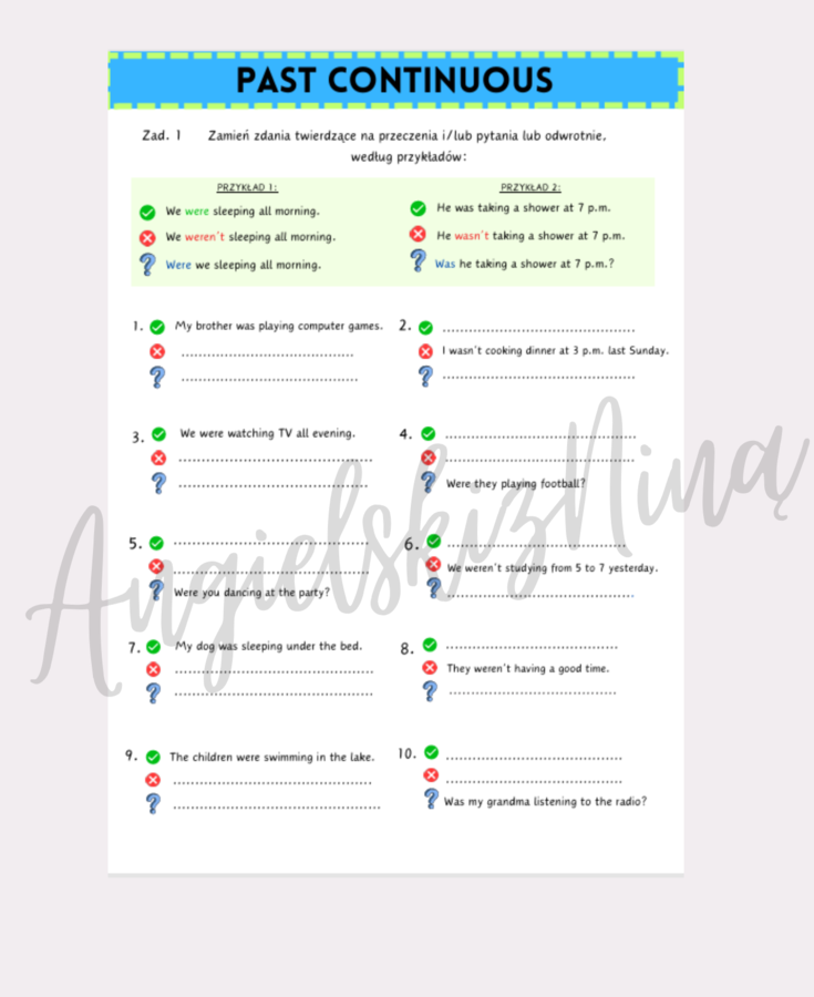 Past Continuous – przekształcanie zdań – ćwiczenia dla początkujących – zdania twierdzące – przeczenia – pytania - karta pracy