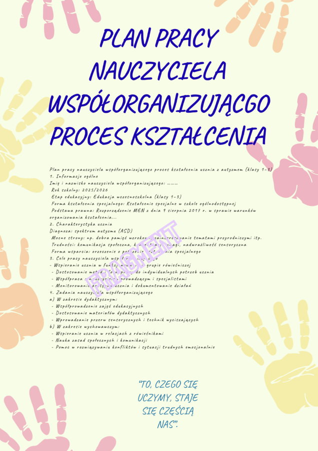 Plan pracy nauczyciela współorganizującego proces kształcenia ucznia z autyzmem (klasy 1–3)