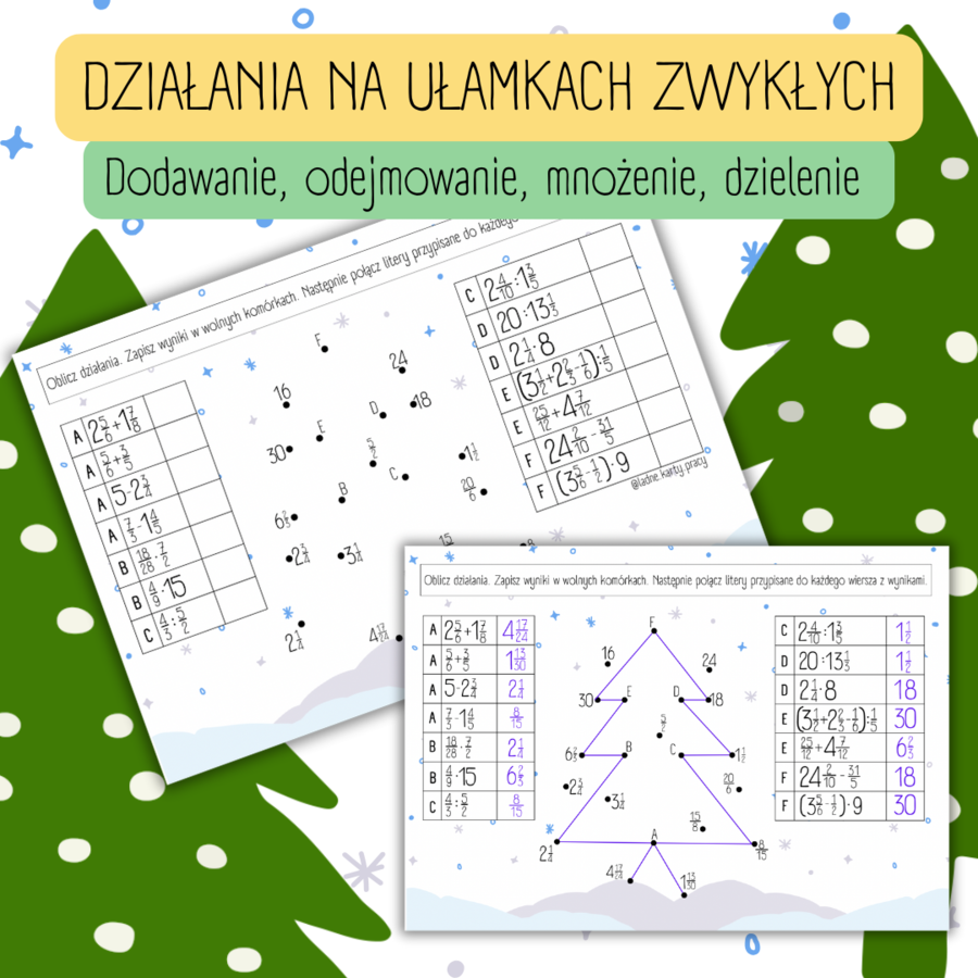DZIAŁANIA NA UŁAMKACH ZWYKŁYCH - łączenie kropek / dodawanie / odejmowanie / mnożenie / dzielenie - ŚWIĘTA / BOŻE NARODZENIE