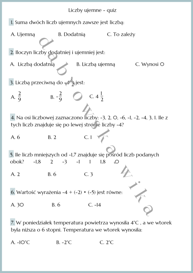 Liczby ujemne - quiz