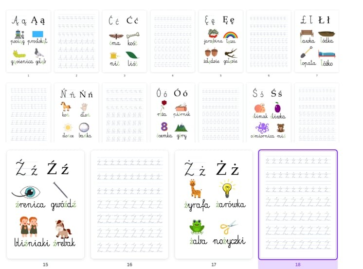 Plansze z literami Ą, Ć, Ę, Ł, Ń, Ó, Ś, Ź, Ż + pisanie po śladzie cz.3