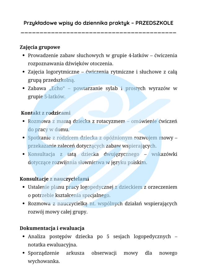 Logopeda – przykładowe wpisy do dziennika praktyk