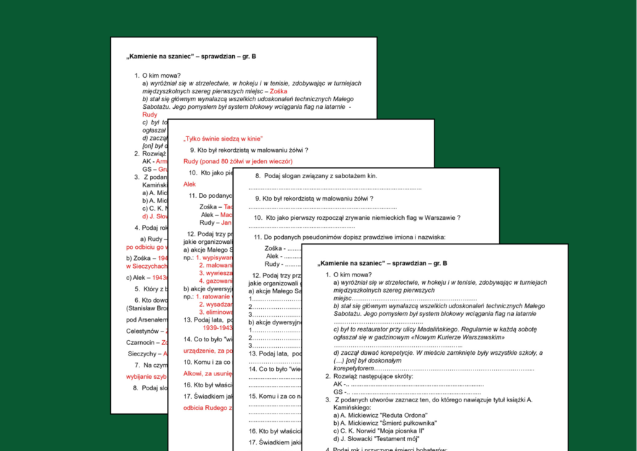 KAMIENIE NA SZANIEC – egzamin – lektury – sprawdzian – kartkówka- 2 grupy + odpowiedzi