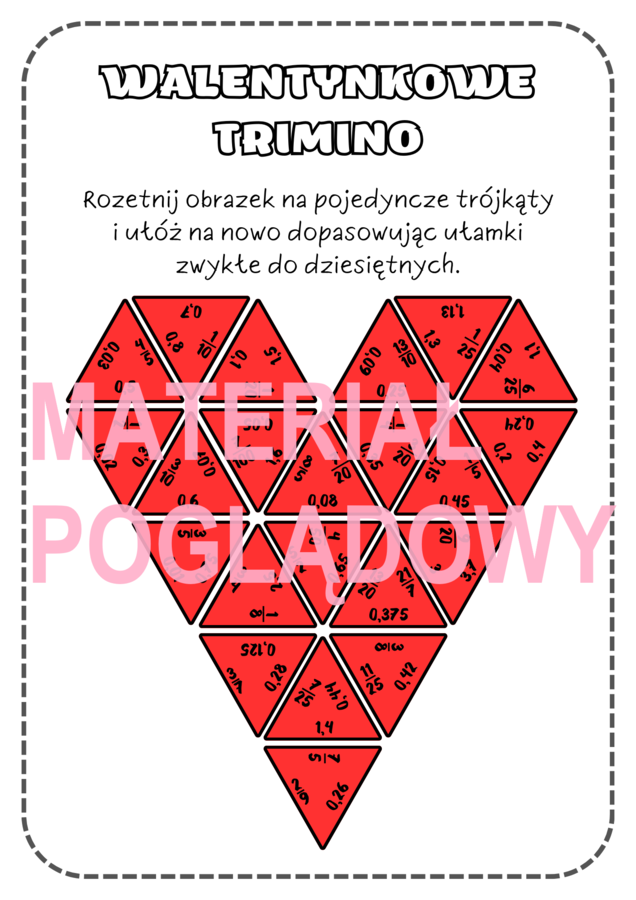 Walentynki - zamiana ułamków zwykłych na dziesiętne - TRIMINO klasa 4, 5, 6, 7, 8