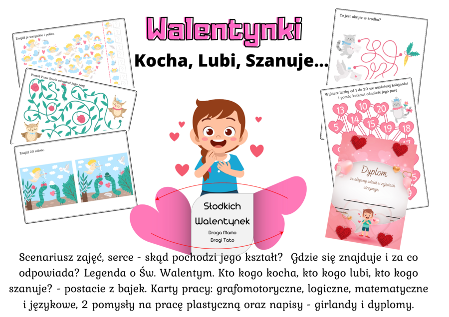 Walentynki - kocha, lubi, szanuje - scenariusz zajęć i karty pracy + Laurka - serca - gotowa do wycięcia