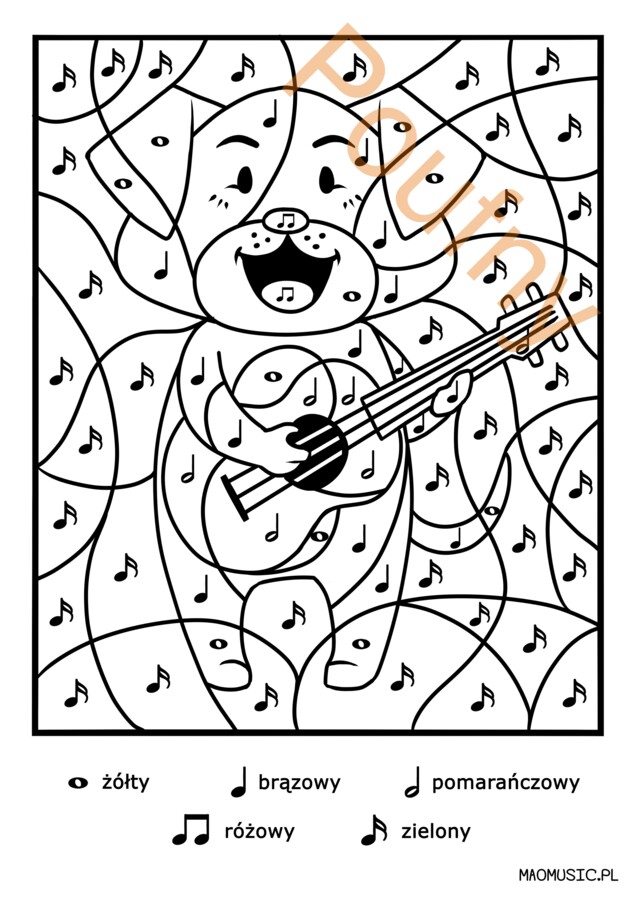 Piesek grający na gitarze Kolorowanka wartości rytmiczne nut