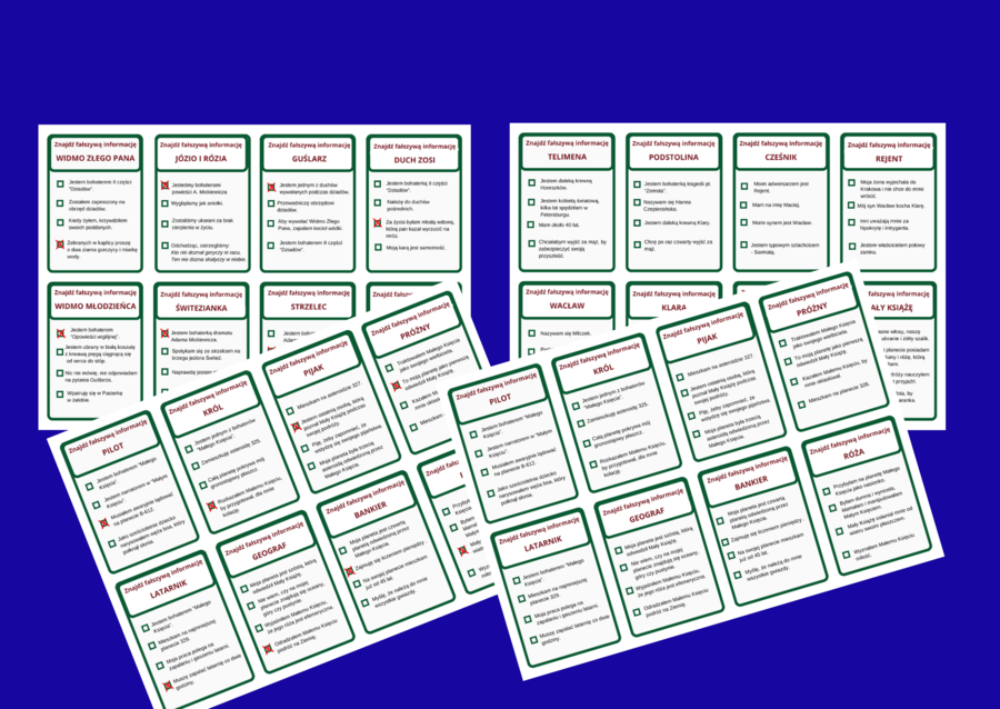 BOHATEROWIE lektur kl. 7-8 - ZNAJDŹ FAŁSZYWĄ INFORMACJĘ – fiszki - 80 szt. – powtórka – egzamin + odpowiedzi