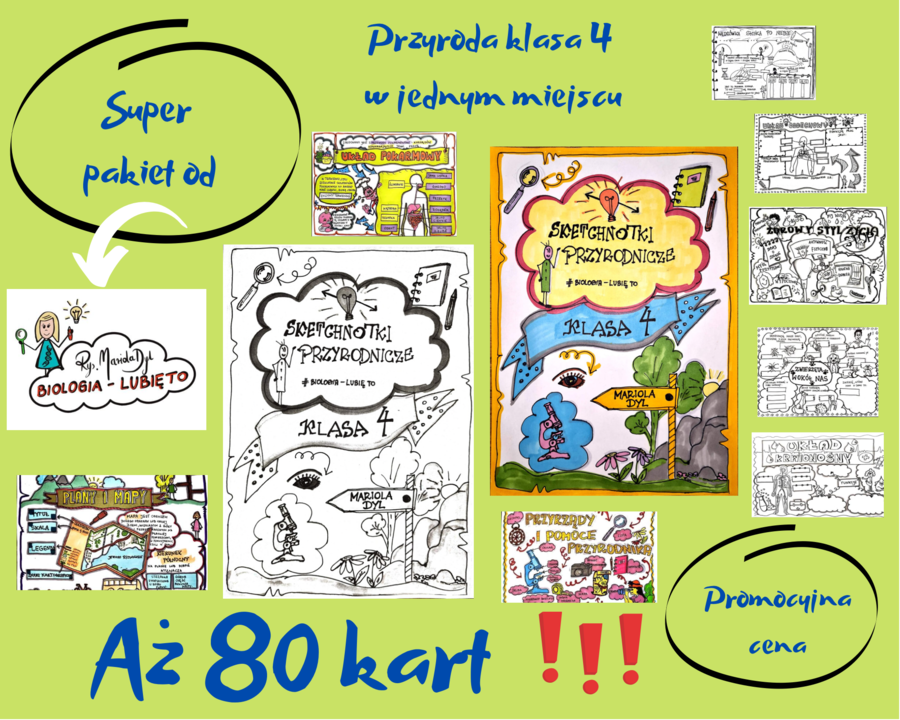 Pakiet materiałów z przyrody do klasy 4, cały rok w jednym zestawie (aż 80 kart!!! 40 kolorowych wklejkę do zeszytu, 40 kart pracy do uzupełnienia dla ucznia)