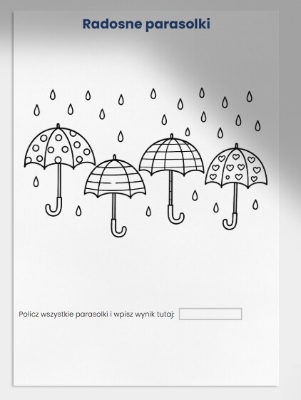 Karty pracy: kolorowanki z deszczem, parasolkami, dziećmi w kaloszach.