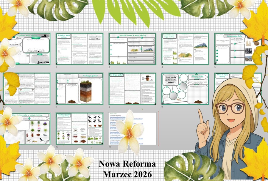 Średni - kompletny zestaw materiałów do jednego działu z przyrody "Moja okolica": sketchnotka, karta pracy w pdf i prezentacja multimedialna w genial.ly do edycji. Przyroda 4. "Odkrywam przyrodę" - dostosowane do wydawnictwa Nowa Era.
