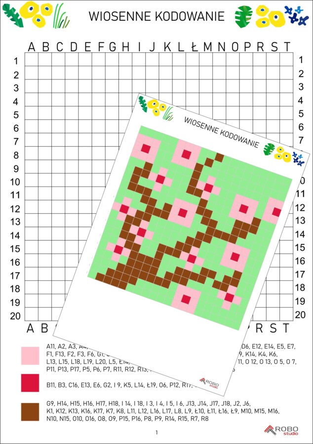 Wiosenne kodowanie- jabłoń- karta pracy, kodowanka, wiosna, Wielkanoc
