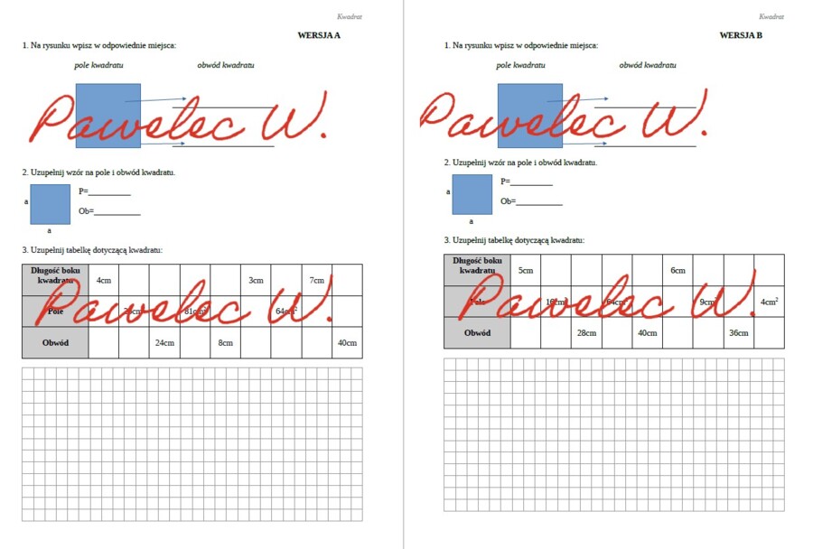 POLE I OBWÓD KWADRATU - sprawdzian, kartkówka, karta pracy dwie wersje/grupy, kl. 4 + odpowiedzi