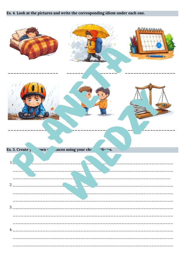 Najpopularniejsze angielskie idiomy – Karta pracy dla uczniów, Ćwiczenia zwrotów - język angielski, (poziom A2, szkoła podstawowa), PDF do druku