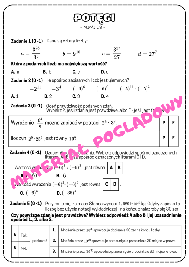 POTĘGI I PIERWIASTKI - mini E8 (egzamin ósmoklasisty)