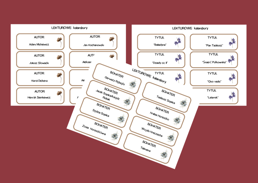 LEKTUROWE KALAMBURY - lektury kl. 7-8 - egzamin - powtórka - fiszki - 96 szt.
