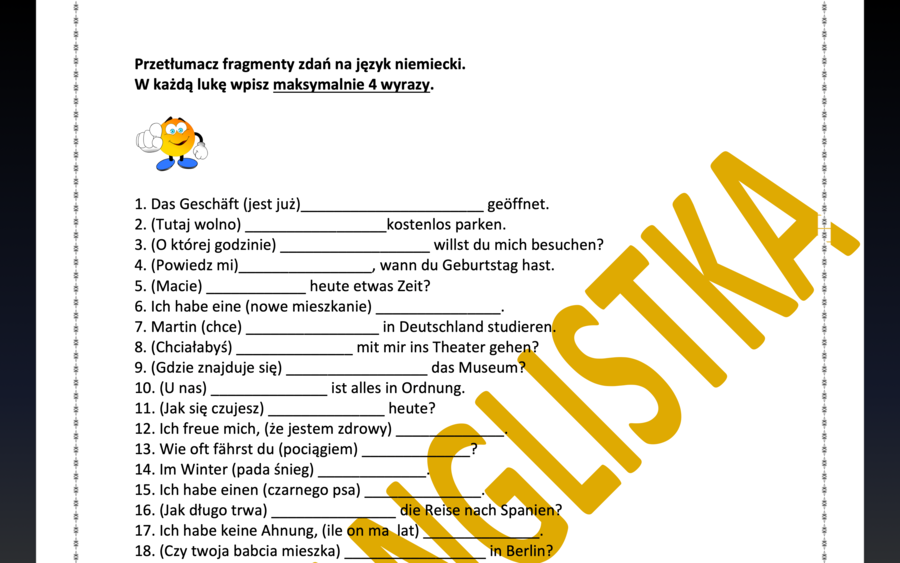 Tłumaczenie fragmentów zdań- aż 100 przykładów z kluczem- Egzamin Ósmoklasisty z j. niemieckiego