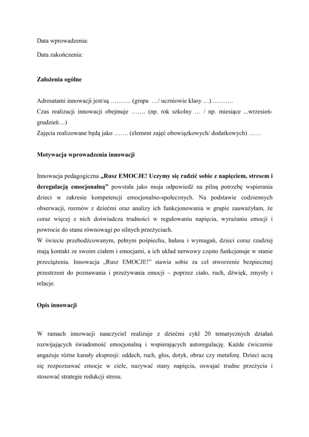 Projekt/ Innowacja własna "Rusz Emocje!"- dla psychologa, pedagoga, wychowawcy (przedszkole oraz 1-8 SP)