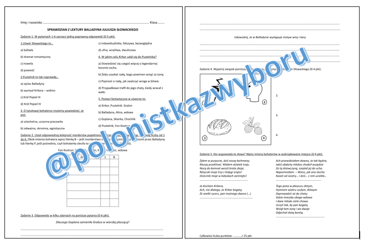 Sprawdzian z lektury Balladyna Juliusza Słowackiego + odpowiedzi