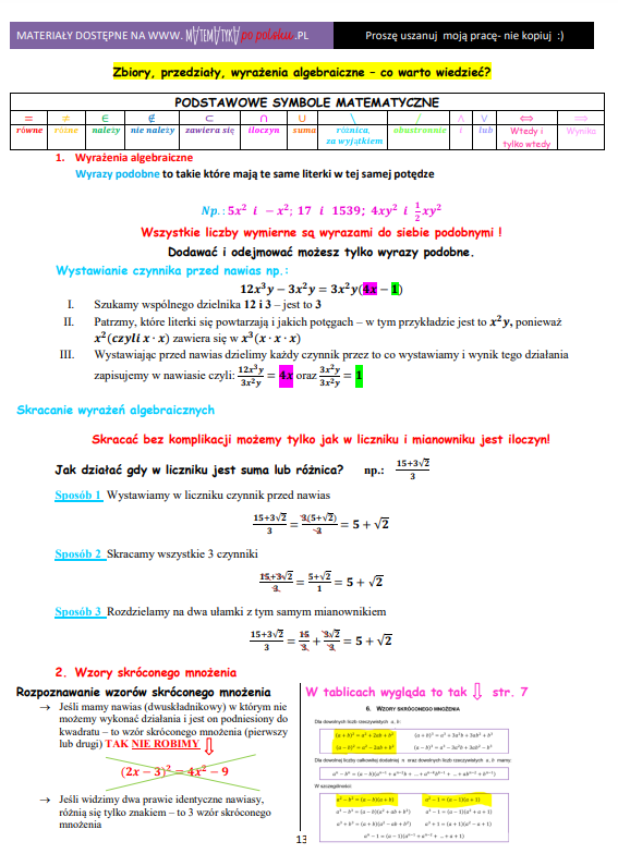 Karta pracy - zbiory, przedziały, wyrażenia algebraiczne - poziom podstawowy