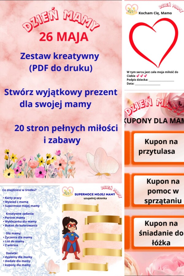 Dzień Mamy – zestaw kart pracy, laurka, dyplomy, wiersze, kupony, medale (20 stron PDF do druku)