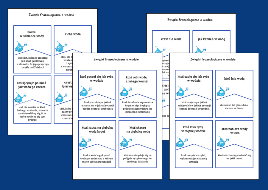 DZIEŃ WODY - woda – frazeologizmy – ZWIĄZKI FRAZEOLOGICZNE – fiszki – 28 szt. – kl. 4-8 – egzamin – powtórzenie – ćwiczenia