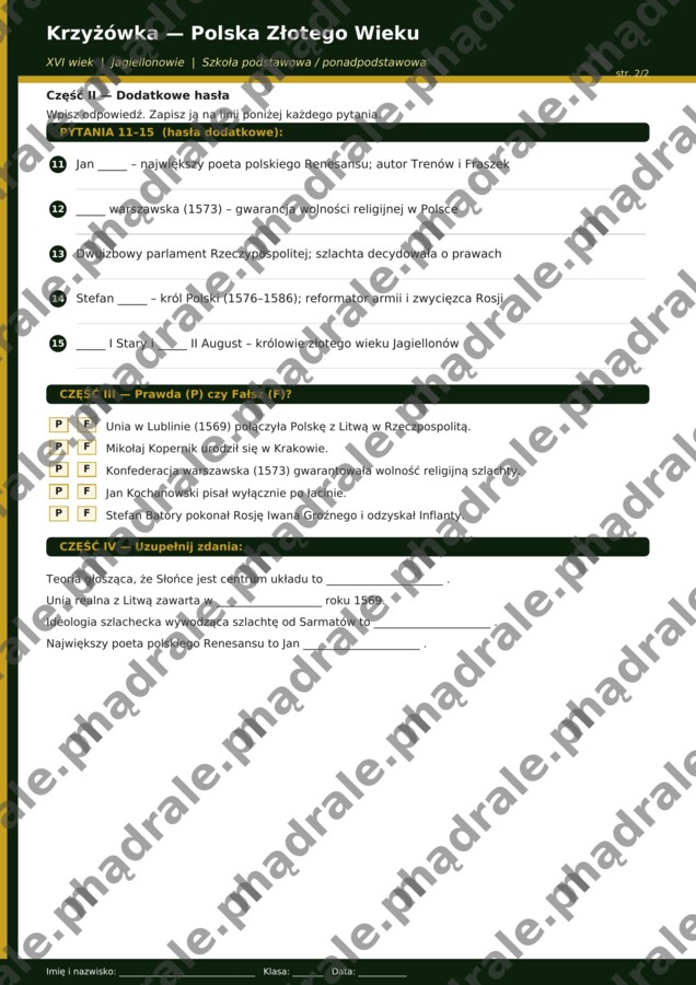 KARTA PRACY "POLSKA ZŁOTEGO WIEKU" + KRZYŻÓWKA + KLUCZ ODPOWIEDZI