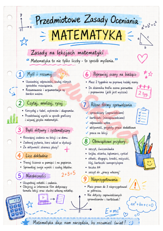 Przedmiotowe Zasady Oceniania z matematyki – wklejki dla uczniów