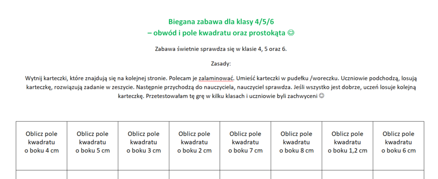 Biegana zabawa. Pole, obwód prostokąta oraz kwadratu. Klasa 4/5.
