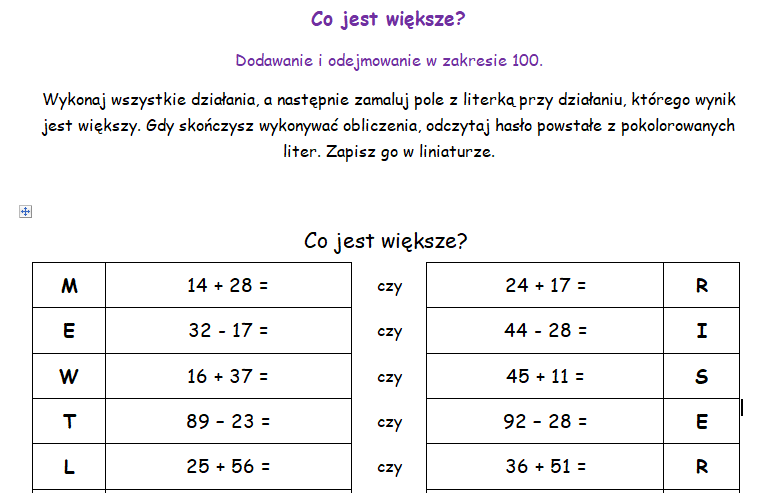 Co jest większe? - Dodawanie i odejmowanie w zakresie 100.