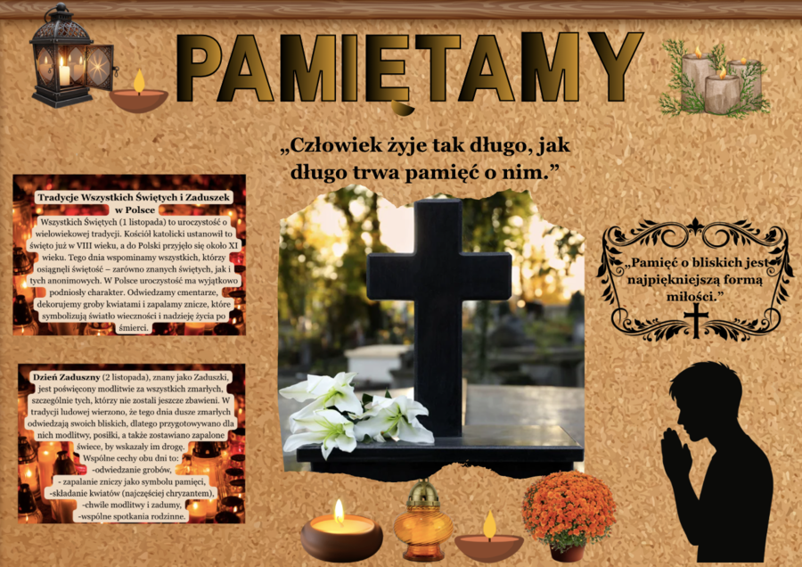 Gazetka na Wszystkich Świętych|32 strony A4 do druku| 2 plansze informacyjne| 1 duży plakat|stylowy napis i grafiki