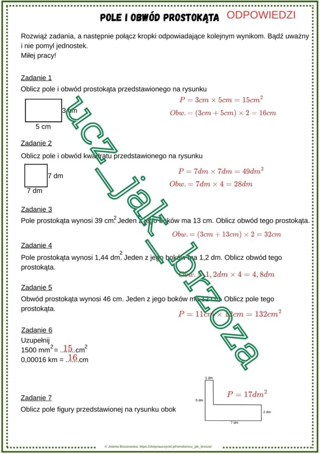 Pole i obwód prostokąta - karta pracy